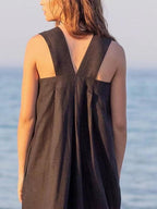 Loose Linen Square Neck Suspender Dress - PAINEVIDA