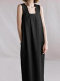 Loose Linen Square Neck Suspender Dress - PAINEVIDA
