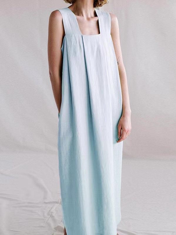 Loose Linen Square Neck Suspender Dress - PAINEVIDA