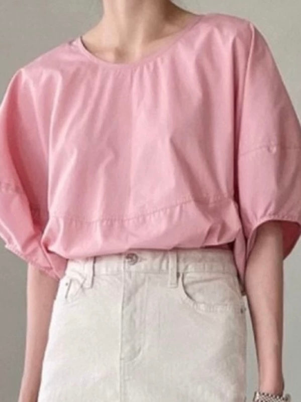 Round Neck Tie Balloon Sleeve Shirt