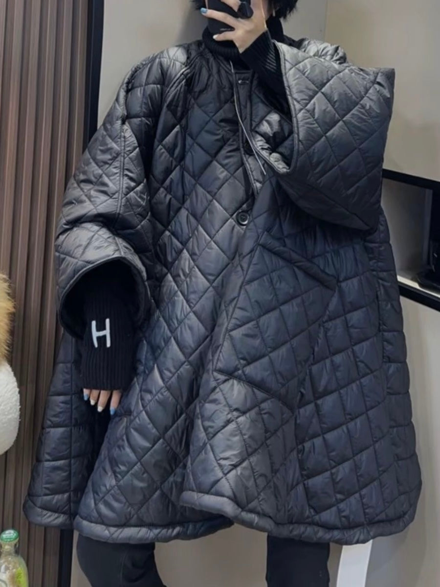 Diamond-Patterned Plus A-line Cotton Coat