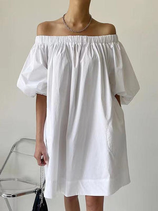 White One-shoulder Puff Sleeve Cotton Dress