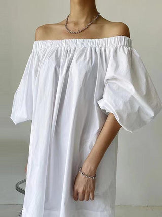 White One-shoulder Puff Sleeve Cotton Dress