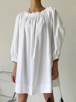 White One-shoulder Puff Sleeve Cotton Dress