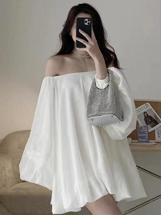 Soft Silk White One-shoulder Long Puff Sleeve Dress