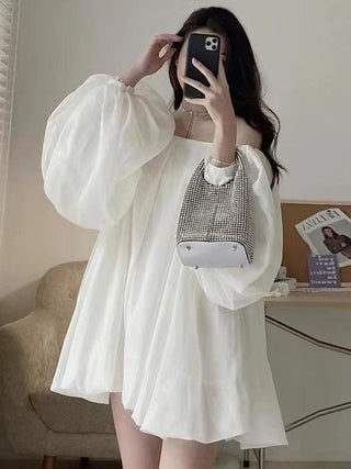 Soft Silk White One-shoulder Long Puff Sleeve Dress