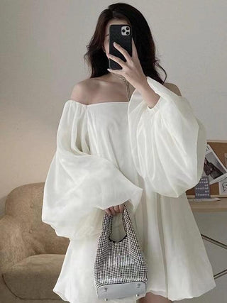 Soft Silk White One-shoulder Long Puff Sleeve Dress