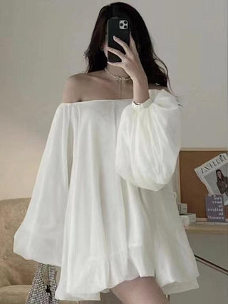 Soft Silk White One-shoulder Long Puff Sleeve Dress