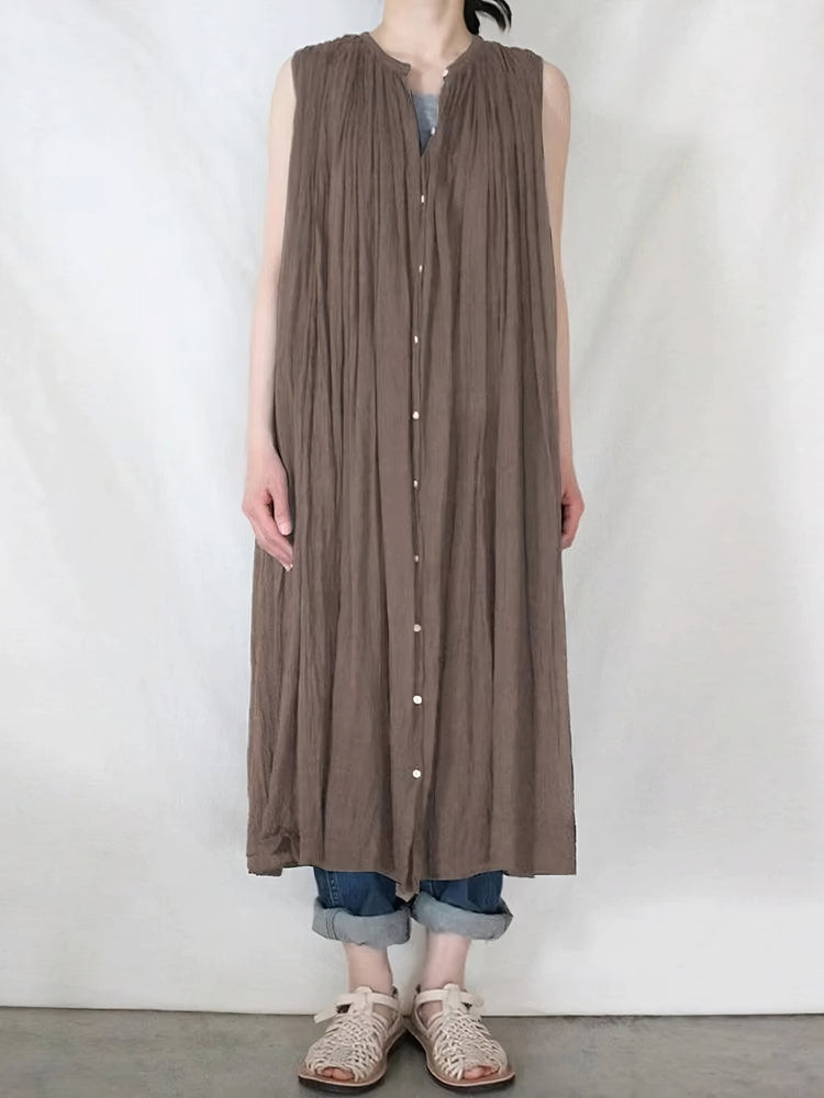 Sleeveless Pleated Pure Cotton A-line Dress by painevida