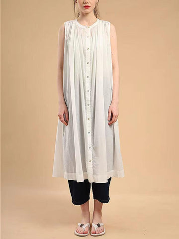 Sleeveless Pleated Pure Cotton A-line Dress - PAINEVIDA