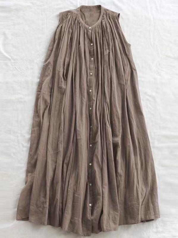 Sleeveless Pleated Pure Cotton A-line Dress - PAINEVIDA