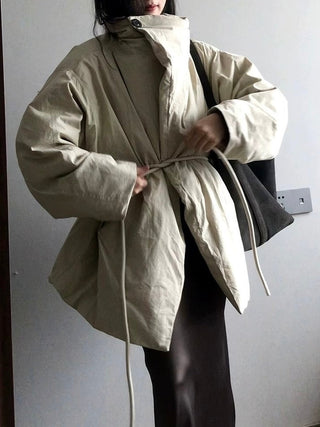Waist-Hugging Stand-Up Collar Thickened Puffer Jacket - Fitted Silhouette by painevida