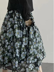 Blue Floral Pleated Ramie Cotton Skirt