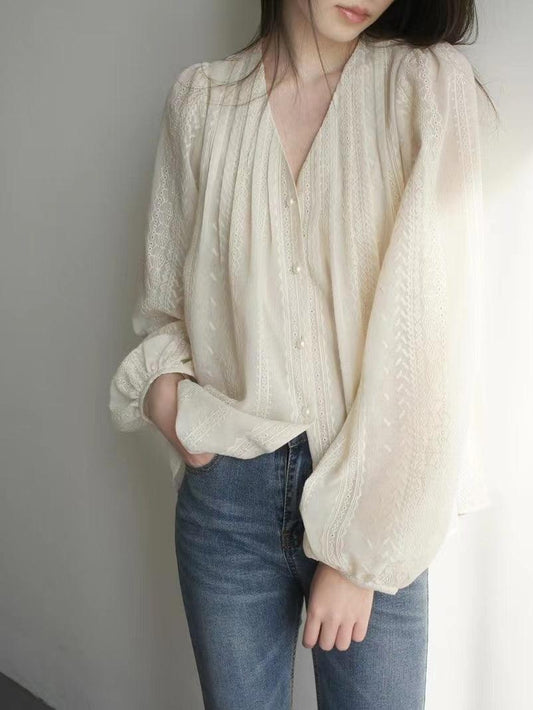 Retro Lace Long Lantern Sleeves Shirt