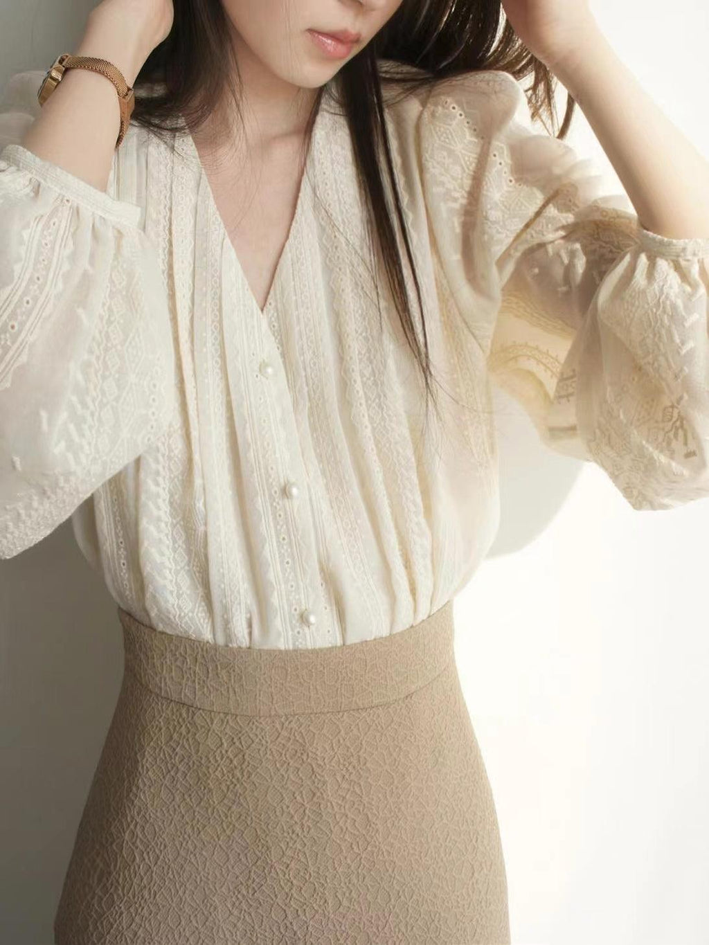 Retro Lace Long Lantern Sleeves Shirt by painevida