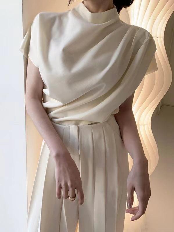 Stand Collar Pleated Sleeveless Top + High Waist Pleated Wide Leg Pants set - PAINEVIDA