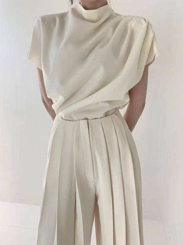 Stand Collar Pleated Sleeveless Top + High Waist Pleated Wide Leg Pants set