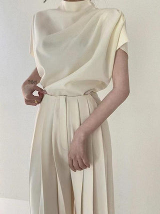 Stand Collar Pleated Sleeveless Top + High Waist Pleated Wide Leg Pants set