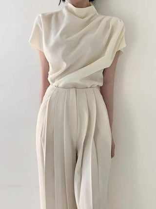 Stand Collar Pleated Sleeveless Top + High Waist Pleated Wide Leg Pants set