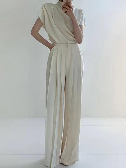 Stand Collar Pleated Sleeveless Top + High Waist Pleated Wide Leg Pants set