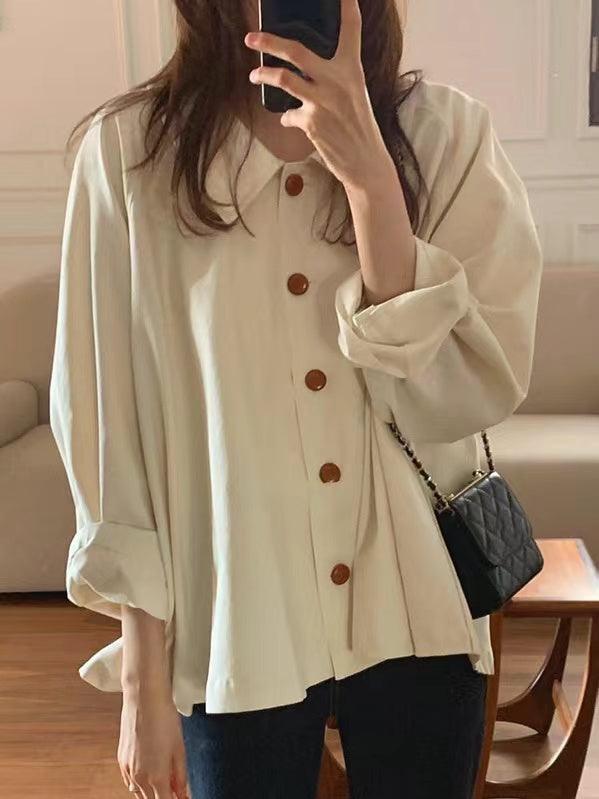 Loose Casual Solid Color All-Match Long-Sleeved Shirt by painevida
