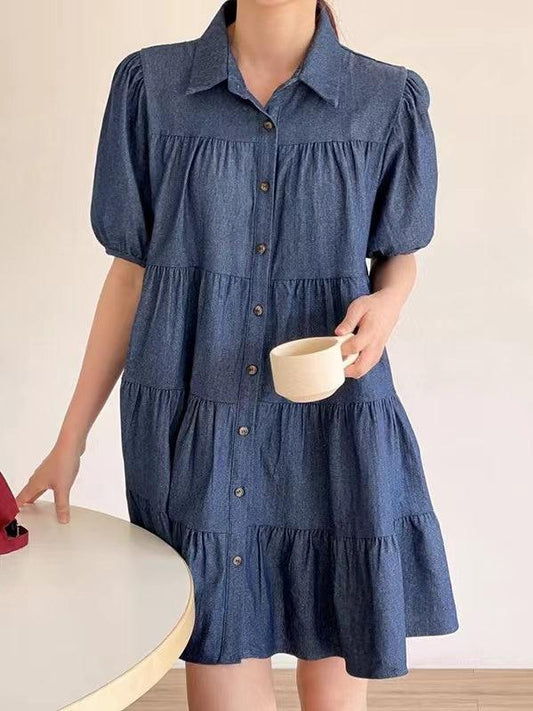 Lapel Collar Puff Sleeve Denim Dress