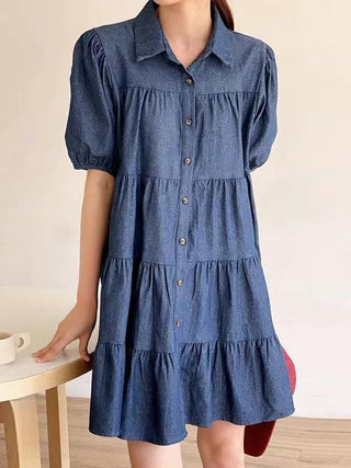 Lapel Collar Puff Sleeve Denim Dress