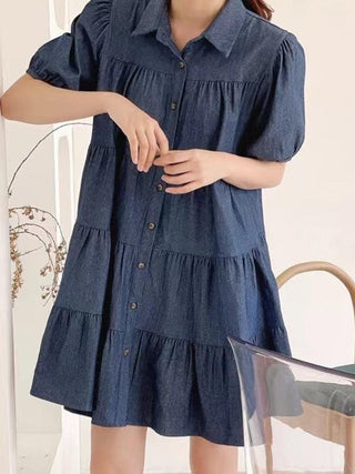 Lapel Collar Puff Sleeve Denim Dress