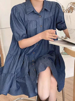 Lapel Collar Puff Sleeve Denim Dress