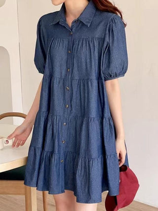 Lapel Collar Puff Sleeve Denim Dress