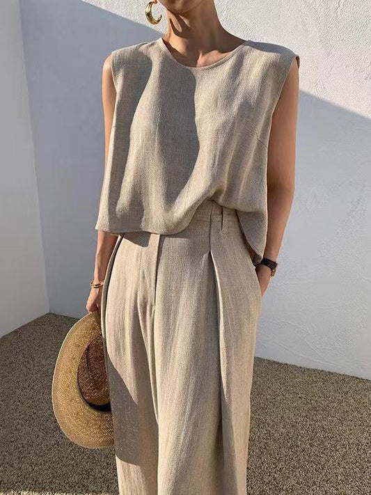 Round Neck Sleeveless Vest Top + High Waist Wide Leg Pants Set