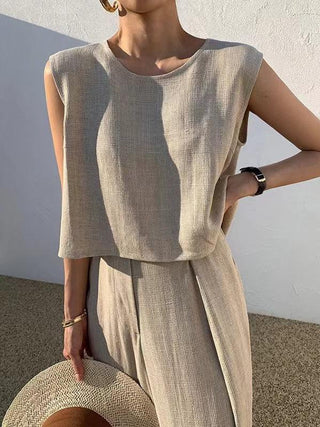 Round Neck Sleeveless Vest Top + High Waist Wide Leg Pants Set