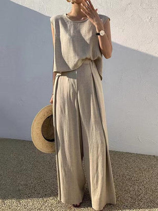 Round Neck Sleeveless Vest Top + High Waist Wide Leg Pants Set