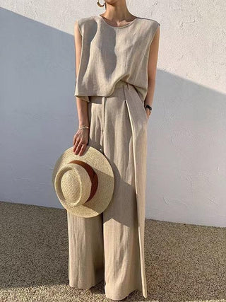 Round Neck Sleeveless Vest Top + High Waist Wide Leg Pants Set