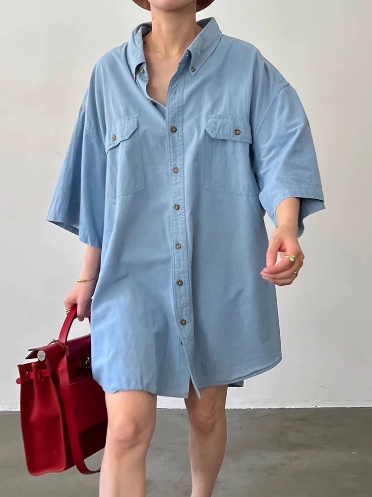 Single Breasted Short Sleeve Denim Shirt by painevida