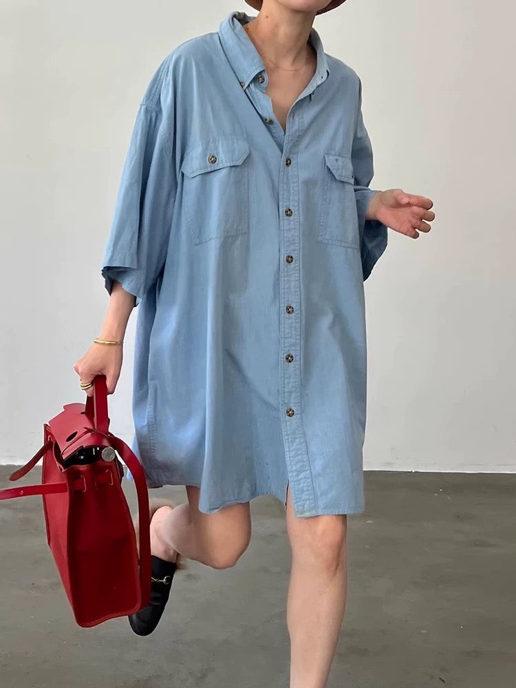 Single Breasted Short Sleeve Denim Shirt by painevida