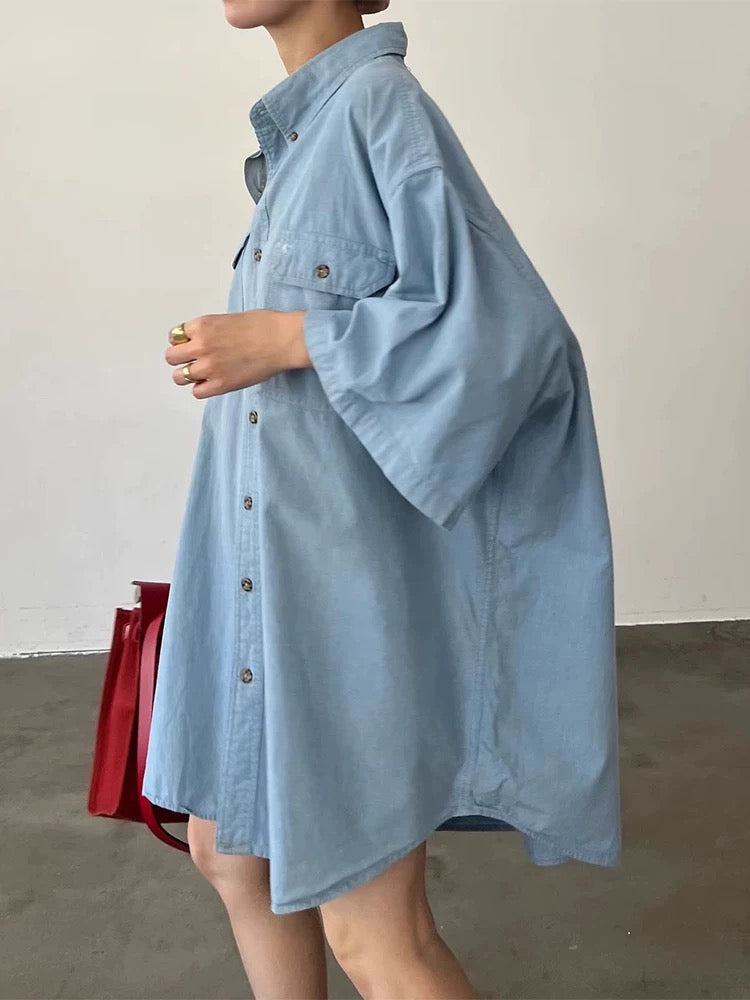 Single Breasted Short Sleeve Denim Shirt