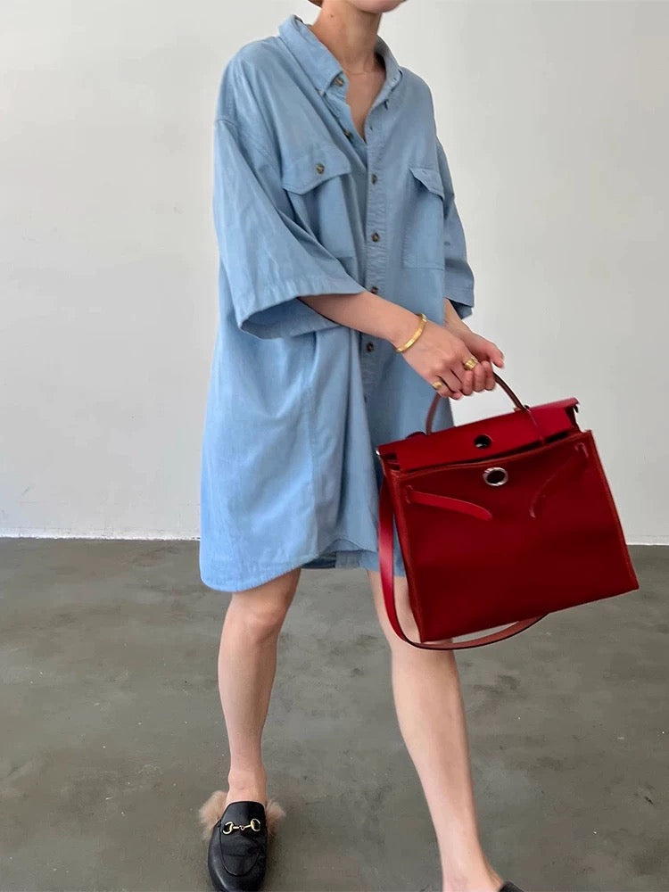 Single Breasted Short Sleeve Denim Shirt by painevida