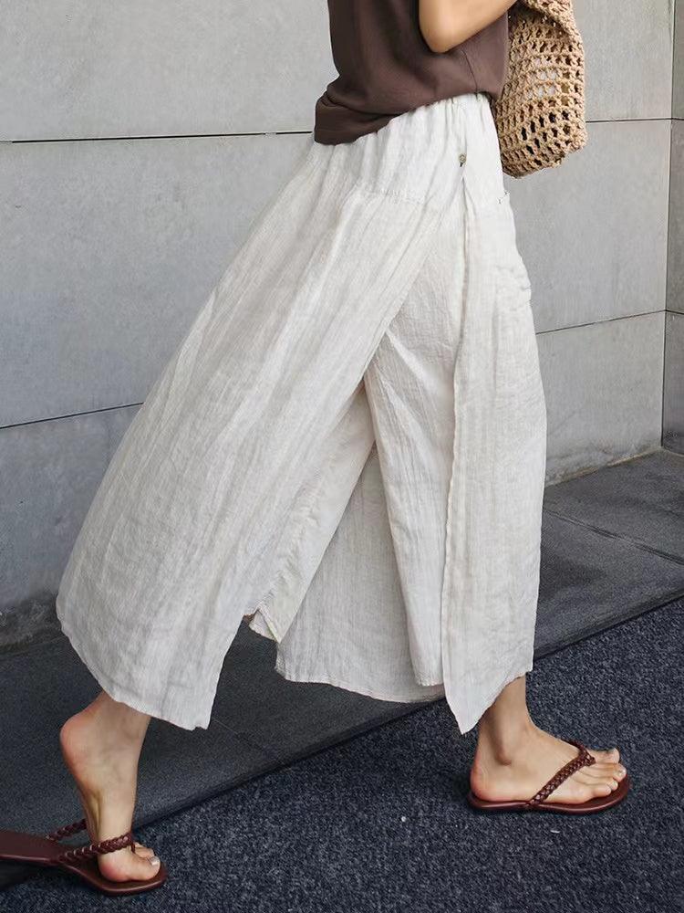 100% Linen Cotton Wide-Leg Skirt Pants - PAINEVIDA