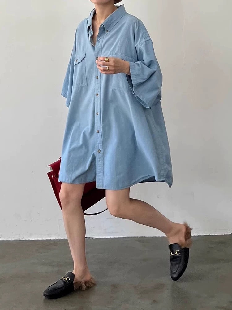 Single Breasted Short Sleeve Denim Shirt by painevida