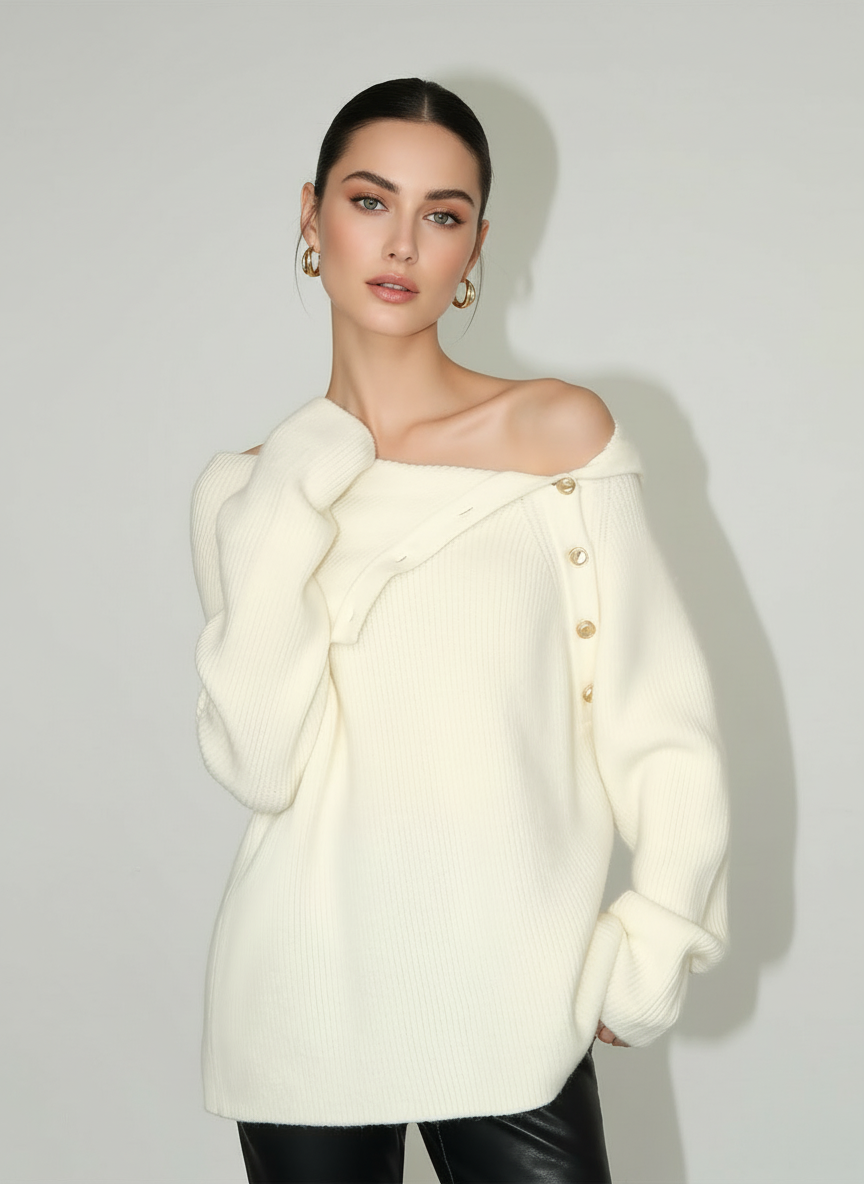欧美女生 - 白色露肩毛衣