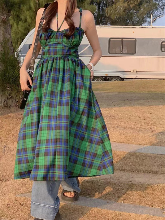 Retro Green Plaid Waist Backless Slip Dress