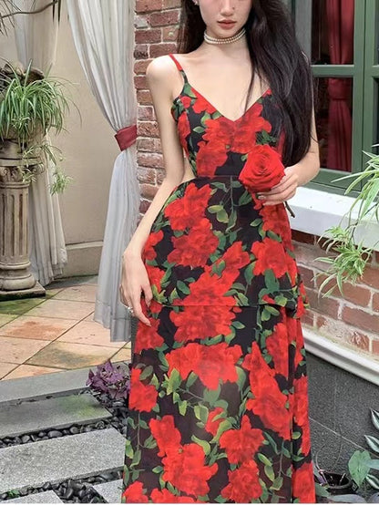 Vintage Rose Back Cutout Sling Dress