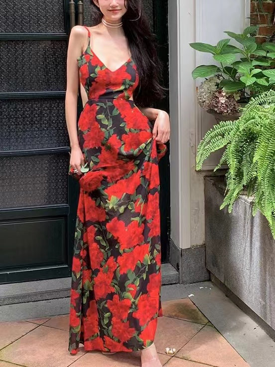 Vintage Rose Back Cutout Sling Dress