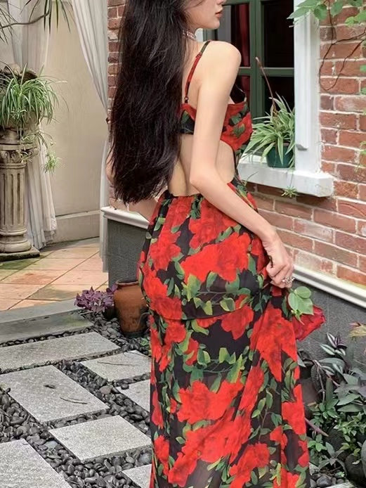 Vintage Rose Back Cutout Sling Dress