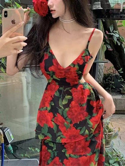 Vintage Rose Back Cutout Sling Dress