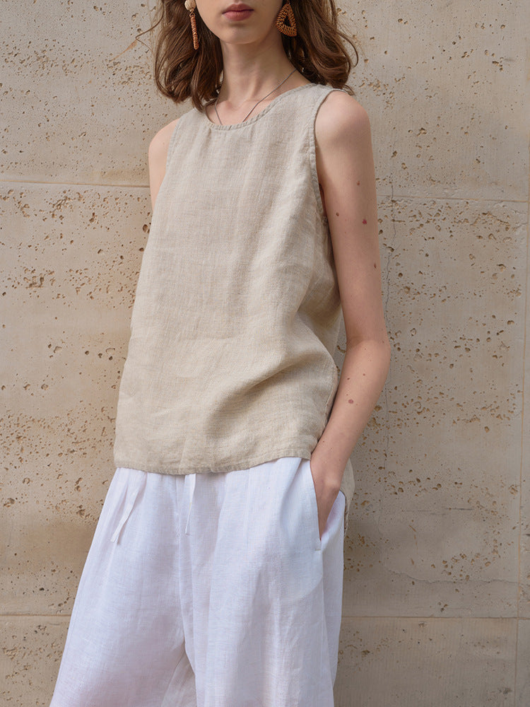 Crew Neck Linen Sleeveless Tank Top by painevida