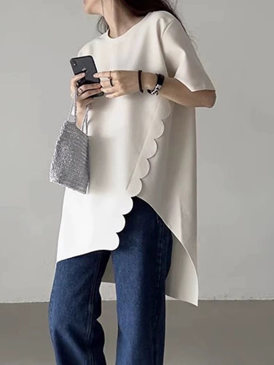 Round Neck Irregular Wave Lace Slit Short Sleeves