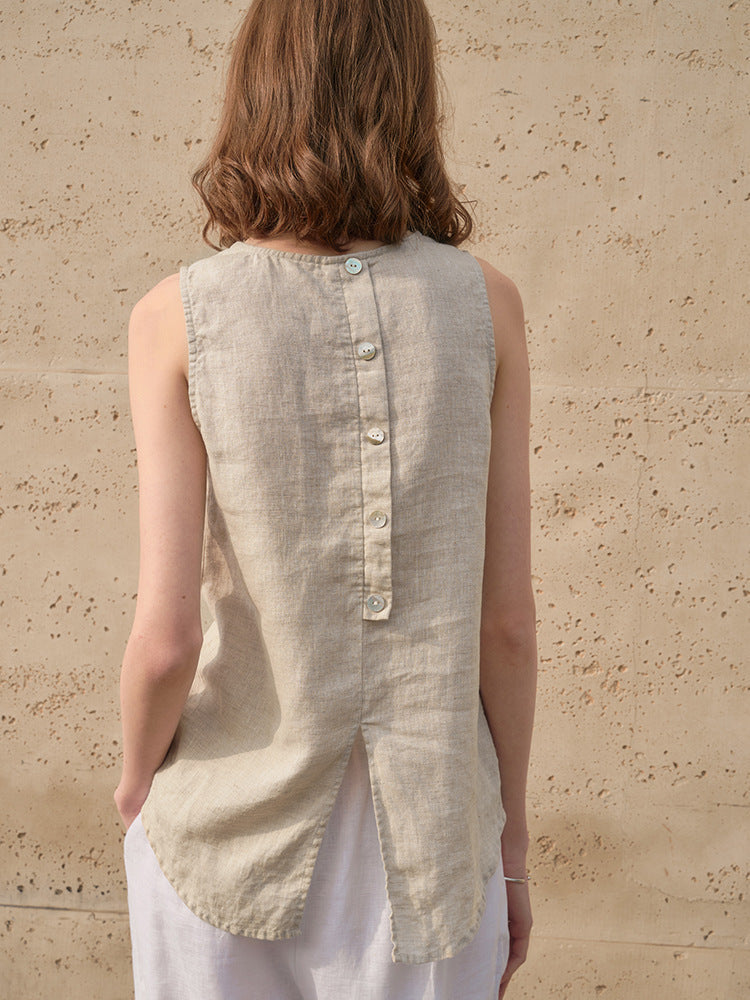 Crew Neck Linen Sleeveless Tank Top by painevida
