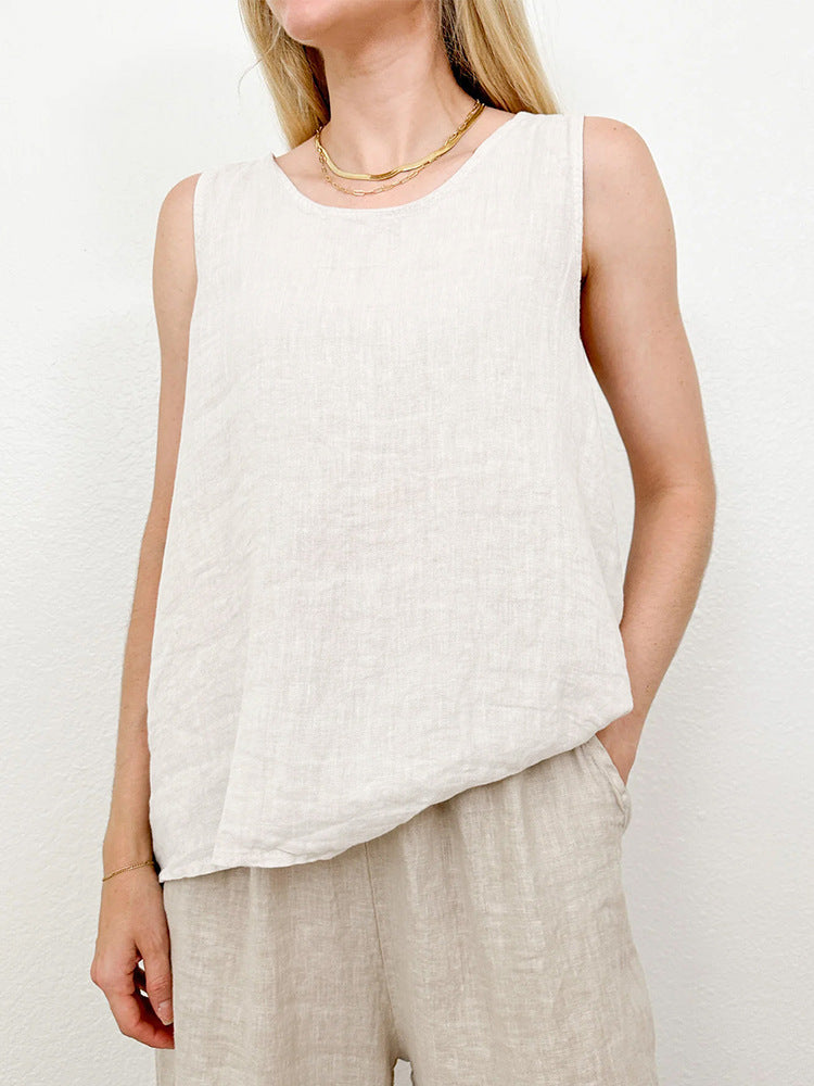Crew Neck Linen Sleeveless Tank Top